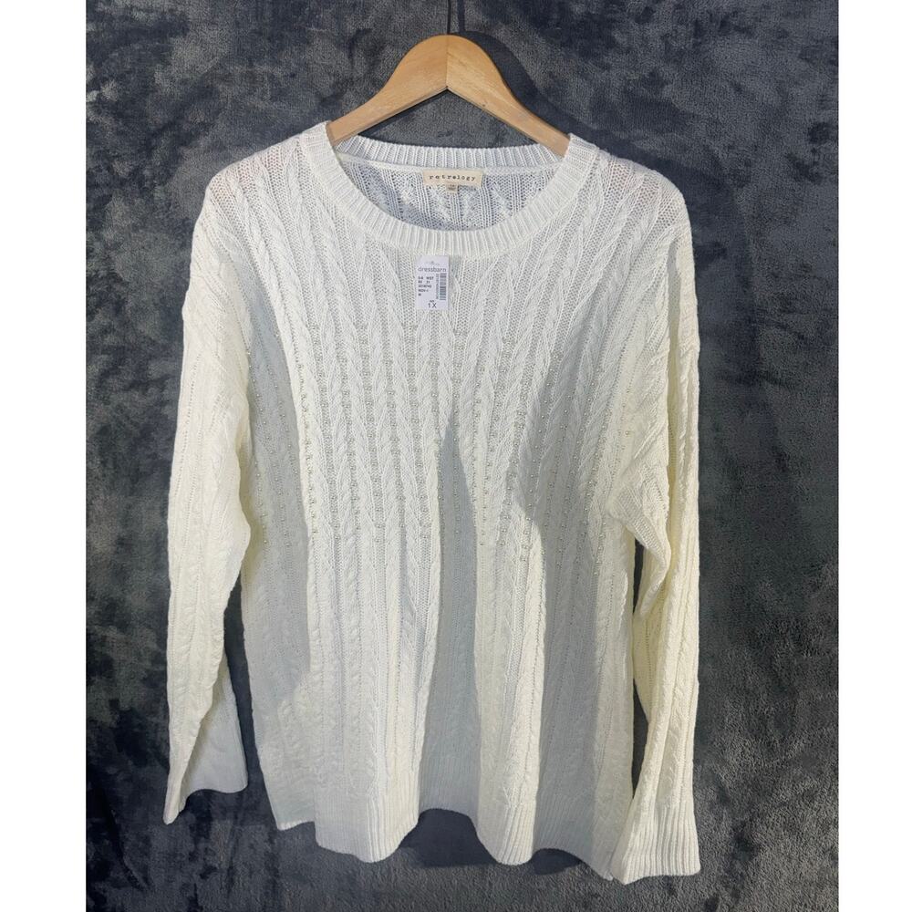 Retrology x Dressbarn NWT Cream Cable Knit Sweater Rhinestone Embellished 1X